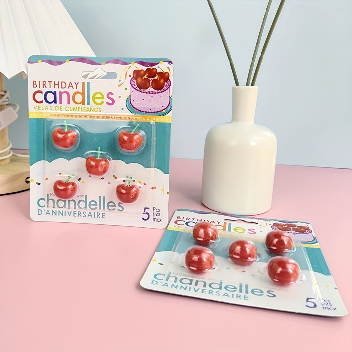 Ins Style Birthday Candles Three-Dimensional Fruit Cherry Cherry Shape, Five Pieces in a Box, Birthday Candles Cake Baking Decoration Holiday Party Party Supplies Decorative Candles