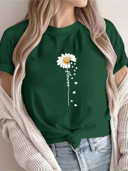 Women'S Floral Print T-Shirt - Casual & Vacation Style, Short Sleeve Crew Neck, Spring/Summer Collection, Machine Washable, Slim Fit with Vibrant Flower Design, Lightweight Polyester Blend, Perfect for Casual Attire, Casual S