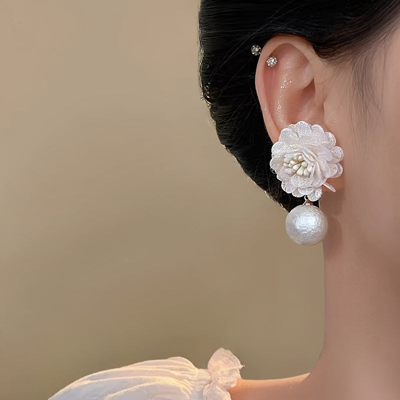 French Fabric Flower Drop Earrings with Imitation Pearl