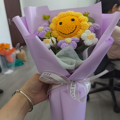 Realistic Knit Sunflower Bouquet with Smiling Face - No Electricity Needed, Durable Polyester Floral Arrangement for Home Decor, Birthday & Thanksgiving Gifts, Office & Party Centerpieces, Handmade Aesthetic Tabletop Decor, S