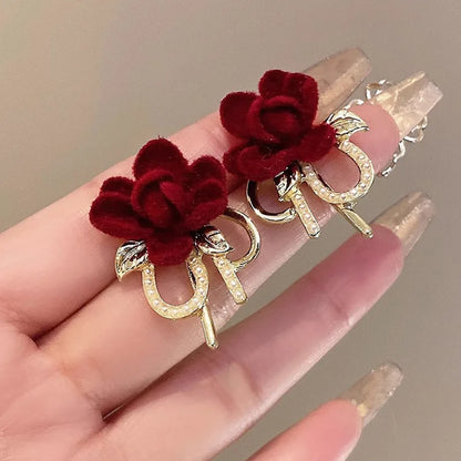 Vintage Red Rose Flower Stud Earrings For Women Exquisite Crystal Flocking Flower Statement Earring Bride Wedding Jewelry Gift