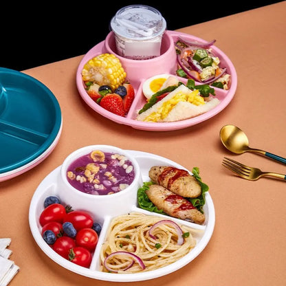 Round Dinner Divided Plates Plastic 4 Grids Compartment Serving Tray Japanese-style Fall-resistant Breakfast Plate Fat Loss