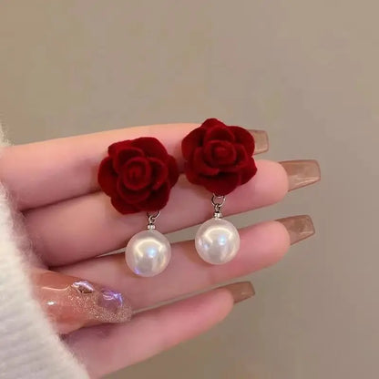 Vintage Red Rose Flower Stud Earrings For Women Exquisite Crystal Flocking Flower Statement Earring Bride Wedding Jewelry Gift
