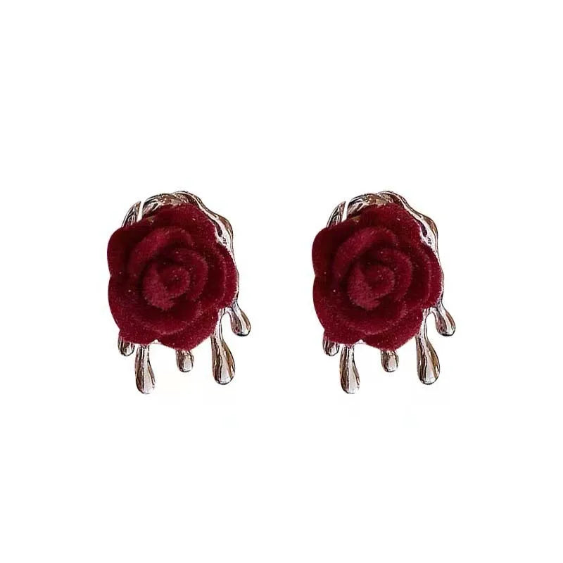 Vintage Red Rose Flower Stud Earrings For Women Exquisite Crystal Flocking Flower Statement Earring Bride Wedding Jewelry Gift