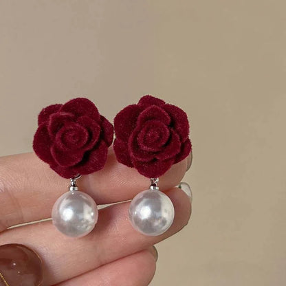 Vintage Red Rose Flower Stud Earrings For Women Exquisite Crystal Flocking Flower Statement Earring Bride Wedding Jewelry Gift