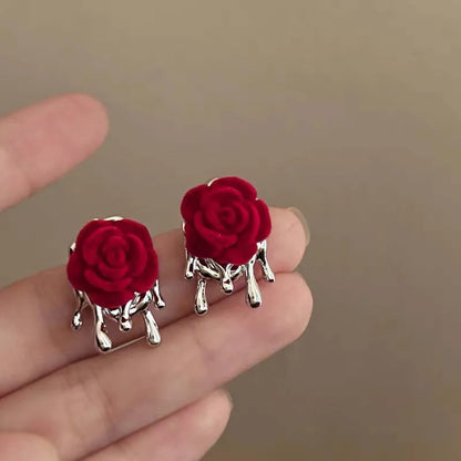 Vintage Red Rose Flower Stud Earrings For Women Exquisite Crystal Flocking Flower Statement Earring Bride Wedding Jewelry Gift