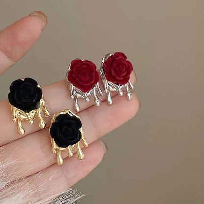 Vintage Red Rose Flower Stud Earrings For Women Exquisite Crystal Flocking Flower Statement Earring Bride Wedding Jewelry Gift