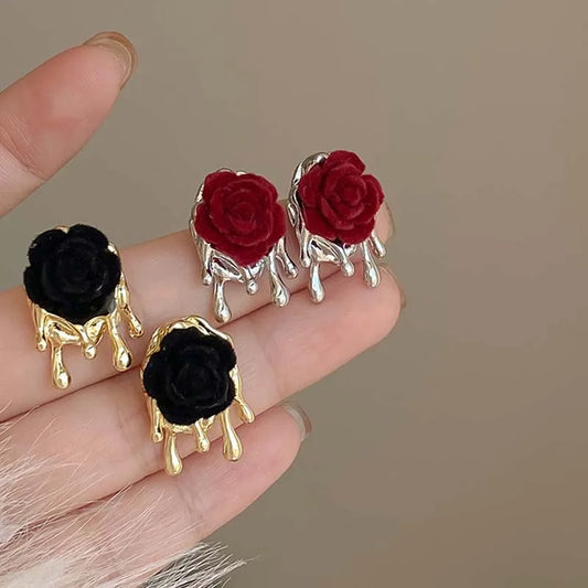 Vintage Red Rose Flower Stud Earrings For Women Exquisite Crystal Flocking Flower Statement Earring Bride Wedding Jewelry Gift