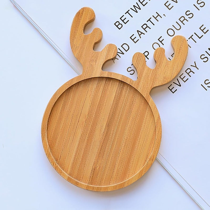 1pc Holiday Deer Bamboo Plate - Mini Sushi, Fruit & Dessert Serving Tray with Natural Wood Finish, Reusable Christmas Party Centerpiece & Snack Display, High-Quality Recycled Wood for Festive Table Decor, Holiday Table Decor