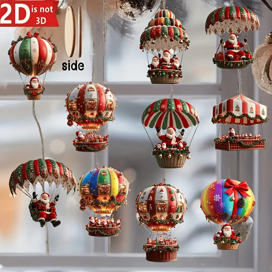 10pcs Set JIUBILAI CO Handmade-Style Artificial Wood Hanging Ornaments - Vintage Hot Air Balloon & Sleigh with Parachute-Santa Claus & Elves, Vibrant Red/Green/Golden/gold Cupolas, Pastel Colors with Striped Canopies - Indoor