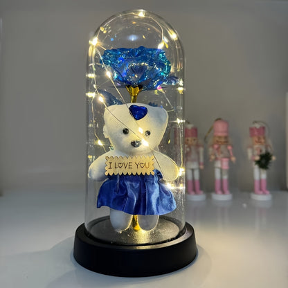 LED Lighted Golden Foil Flower with Bear, Plastic 3D Rose Gift Set, Battery Operated, Home & Kitchen Decor, Perfect for Valentine's Day & General Holidays, No Batteries Included