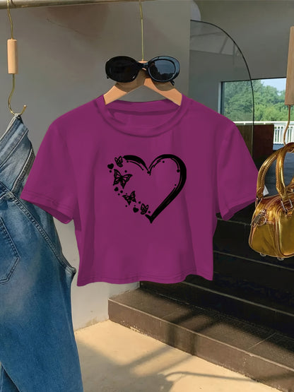 Women'S Red Heart & Butterfly Print Crop Top T-Shirt - Casual Round Neck Short Sleeve, Lightweight Polyester, Machine Washable, Spring/Summer Fashion Essential, Versatile Streetwear, Butterfly Shirt