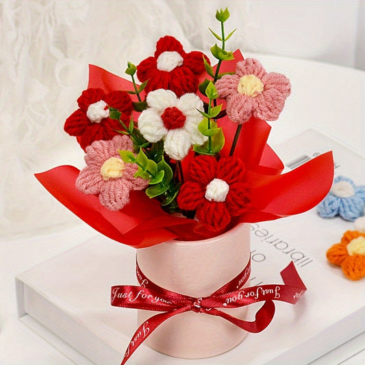Handmade Knitted Daisy Bouquet - Realistic Yellow, white, pink, blue, red, or Floral Arrangement - with Pastel Pink, Beige, or Red Ribbon Bucket - No Maintenance Fake Flowers for Home, Office, Wedding, Birthday - Perfect Gift