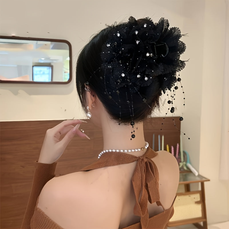 Feather beaded tassel flower hair clip, fluffy peony flower grappling clip for increased hair volume, shark clip for elegant hair flower accessory