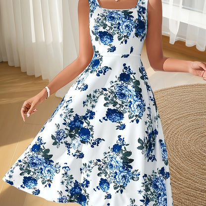 Elegant Women'S Sleeveless Floral Print Midi Dress in Lavender with Square Neckline and A-Line Silhouette - Perfect for Spring/Summer, Floral Print Dress