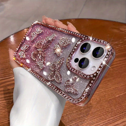 Glitter 3D Butterfly Shiny Case for iPhone 16 15 14 13 12 11 Pro Max Plus Diamond Bling Sparkly Rhinestone Girls Pink Cute Cover