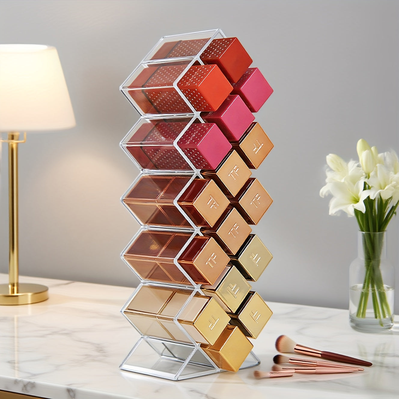 16-Compartment Transparent Lipstick Organizer - Durable Plastic Makeup Storage Box for Vanity or Bathroom Counter, Lightweight & Portable, No Power Needed, Vanity Accessories