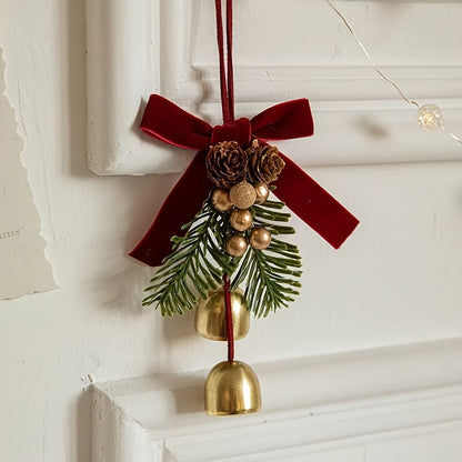 1pc Classic Christmas Door Hanger, Red Velvet Bow and Bell Ornament, Stainless Steel Holiday Tree Decoration, No Feathers, Electricity-Free Festive Accessory