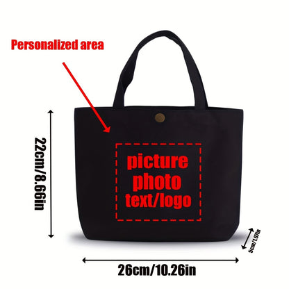 Customizable Canvas Tote Bag for Women - Personalized Mini Handbag with Button Closure, Black with Red Text, Perfect for Work, Commute, Shopping & Parties, Mini Purse