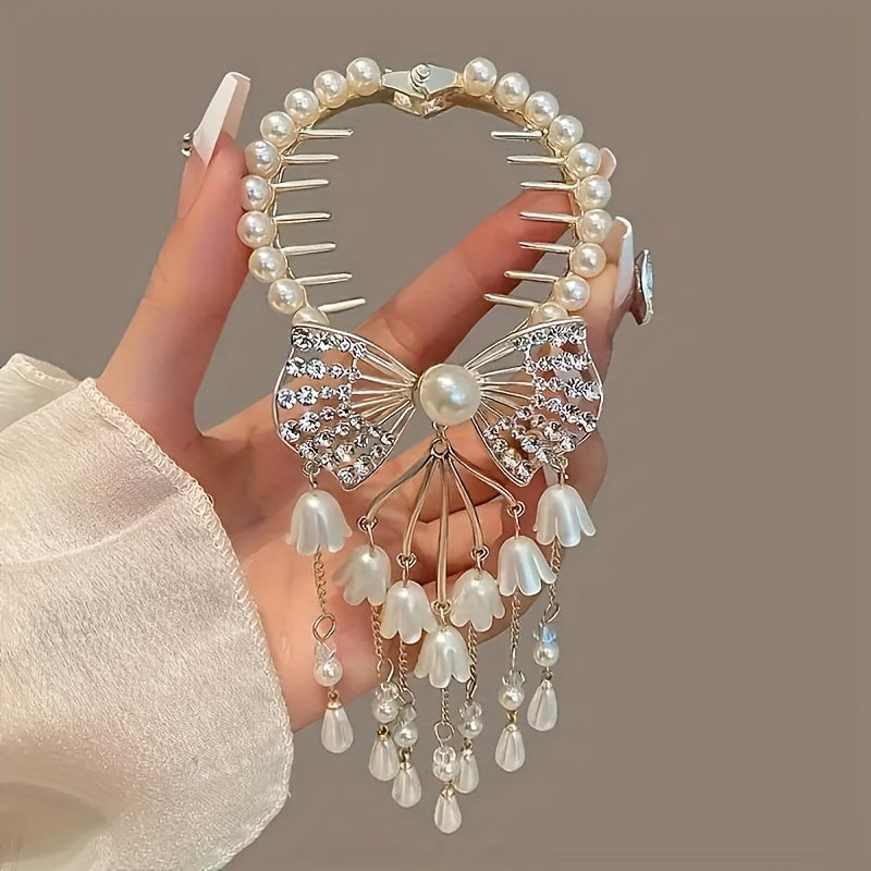 Elegant Rhinestone Butterfly-Lily Hair Clip, Pearl Tassel Bellflower Hair Accessory for Girls, All-Season Versatile Hairpin, Ideal Gift for Special Occasions, Fits Daily And Casual Wear, Over 15, 1pc