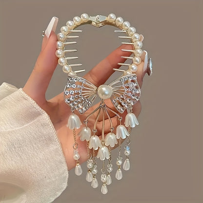 Elegant Rhinestone Butterfly-Lily Hair Clip, Pearl Tassel Bellflower Hair Accessory for Girls, All-Season Versatile Hairpin, Ideal Gift for Special Occasions, Fits Daily And Casual Wear, Over 15, 1pc