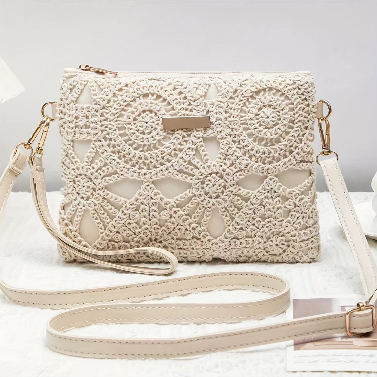 Elegant White Lace Crossbody Bag with Removable Beige Strap - Floral Pattern, Zipper Closure, Polyester Lining, Perfect for Spring & Summer Outfits, Casual or Formal Wear, Ladies Purse