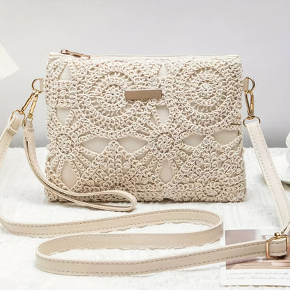 Elegant White Lace Crossbody Bag with Removable Beige Strap - Floral Pattern, Zipper Closure, Polyester Lining, Perfect for Spring & Summer Outfits, Casual or Formal Wear, Ladies Purse