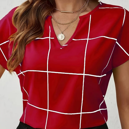 Women's Casual Plaid Print Shirt, V-Neck Short Sleeve Buttonless Blouse, Perfect for Spring and Summer Daily Outings, Vacation, Commuting, Stylish Women's Top, Cute T-Shirt, V-Neck, Summer Wear, Elegant Top, Casual Shirt, Ret