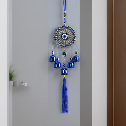 1pc Blue Evil Eye Wind Chime with Tassels – Metal Wall Hanging Decor for Outdoor, Balcony, or Patio – Intricate Design with Bells and Threads in Blue and Yellow, Wind Chimes for Outside