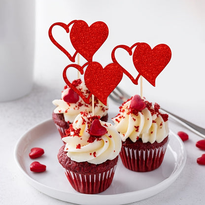 24pcs Valentine'S Day Cupcake Toppers, Glitter Hollow Love Cupcake Toppers, Picks, Red Love Heart Birthday Cake Decorations for Valentine'S Day, Weddings, Engagements, Showers, Festival Party Cake Decor for Halloween, Christm