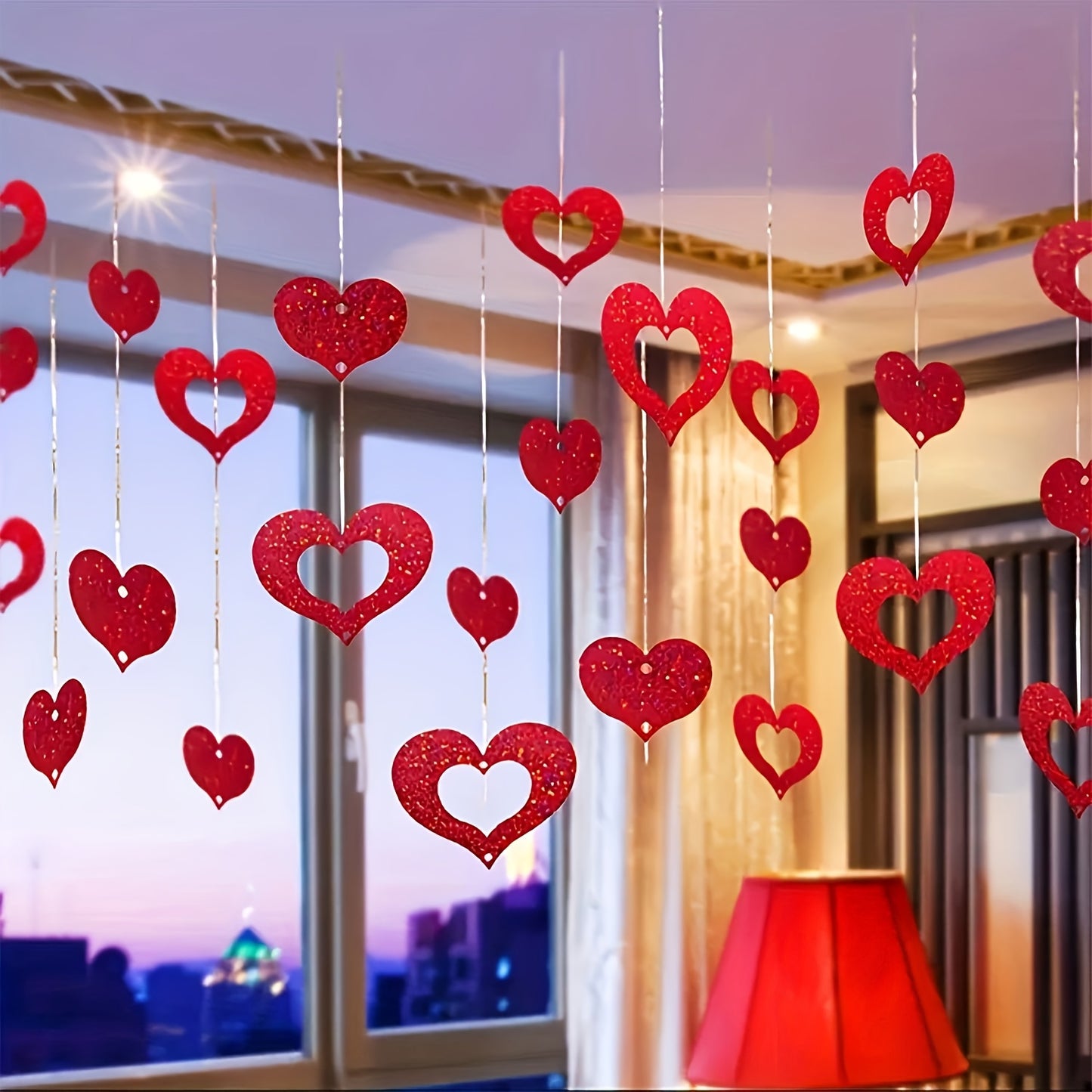 50pcs of Valentine'S Day Hanging Heart Decorations - Plastic Red Heart Pendants And DIY Silk Strings - Non-Electric, No Feathers, Suitable for Wedding, Birthday, Party Decorations, And Romantic Room Arrangements, Silk Strings