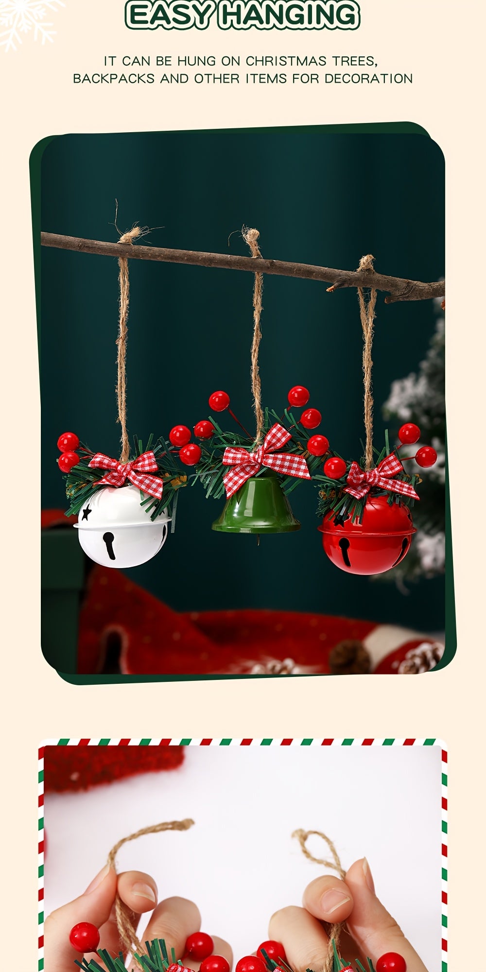 1 Set Christmas Jingle Bell Ornaments, Metal Hanging Decorations with Red Berries and Plaid Bows, Holiday Tree and Wreath Accents, No Electricity Required, Festive Wall and Door Decor