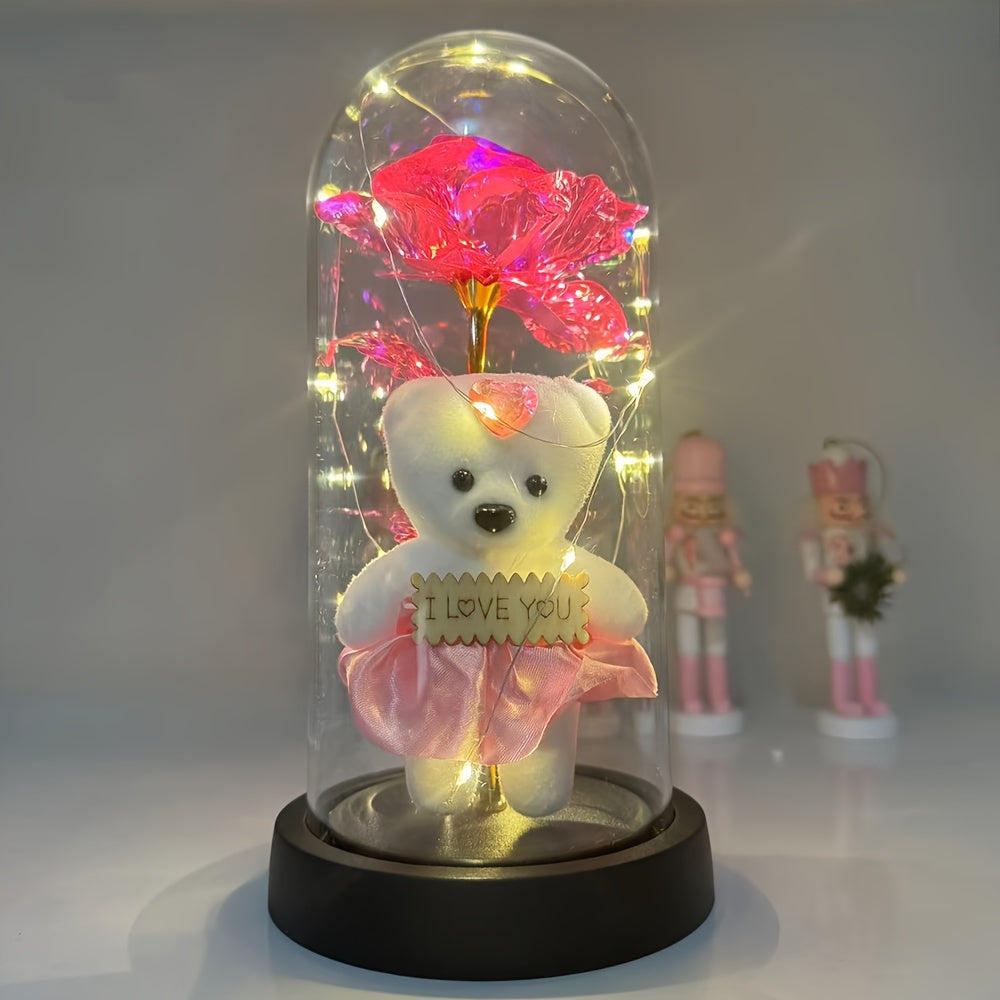 LED Lighted Golden Foil Flower with Bear, Plastic 3D Rose Gift Set, Battery Operated, Home & Kitchen Decor, Perfect for Valentine's Day & General Holidays, No Batteries Included