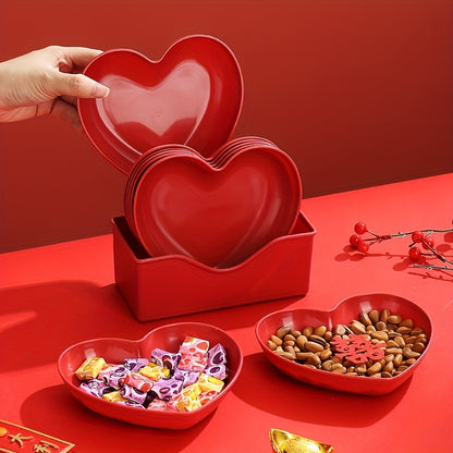 6pcs Plastic Heart-Shaped Serving Plate Set Red Love Theme Fruit, Snack and Candy Plate, for Valentine'S Day, Wedding, Banquet and Special Occasions