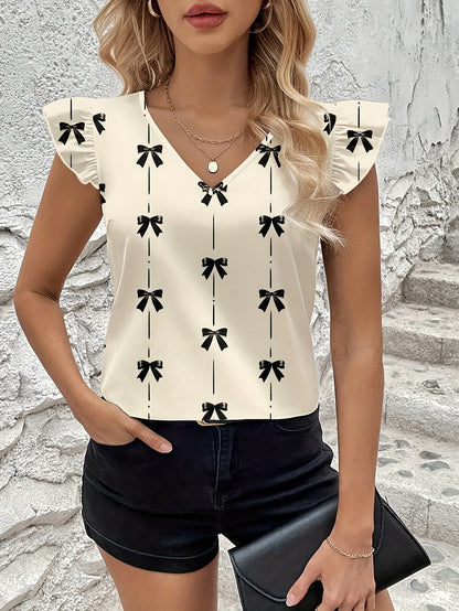 Graceful Women's Bow Print Flutter Sleeve Blouse Short-Sleeve Top