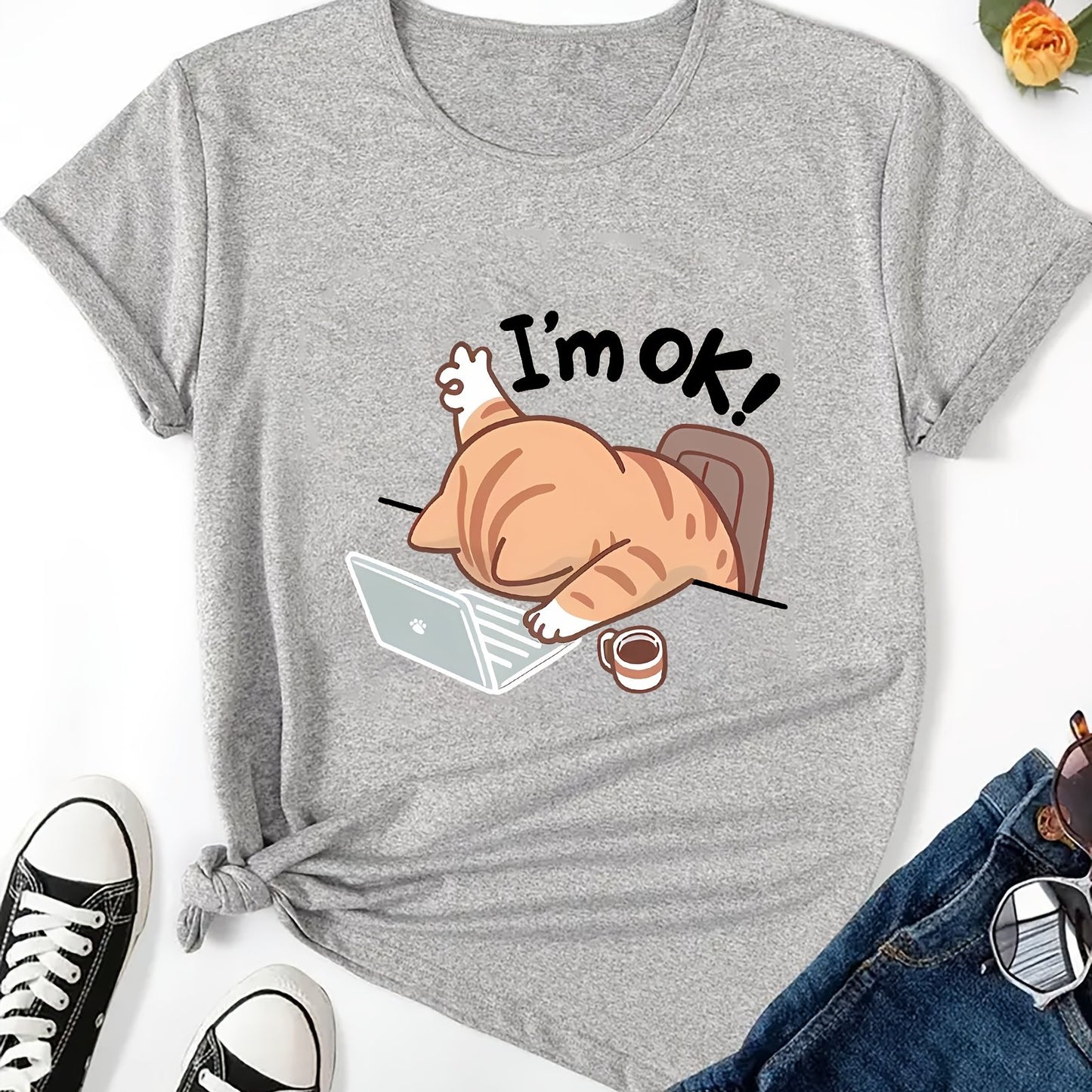 Women'S Casual Crew Neck Short Sleeve T-Shirt - "I'm Ok!" Cat Design, Soft & Comfortable Fabric, Perfect for Spring & Summer Outfits, Casual Wear | Playful Graphic Tee | Comfortable Fit
