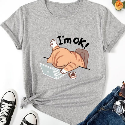 Women'S Casual Crew Neck Short Sleeve T-Shirt - "I'm Ok!" Cat Design, Soft & Comfortable Fabric, Perfect for Spring & Summer Outfits, Casual Wear | Playful Graphic Tee | Comfortable Fit