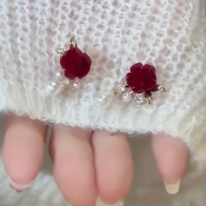 Red Rose Floral earrings - with Golden Leaves & Burgundy Roses