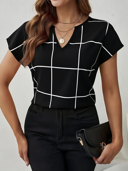 Women's Casual Plaid Print Shirt, V-Neck Short Sleeve Buttonless Blouse, Perfect for Spring and Summer Daily Outings, Vacation, Commuting, Stylish Women's Top, Cute T-Shirt, V-Neck, Summer Wear, Elegant Top, Casual Shirt, Ret