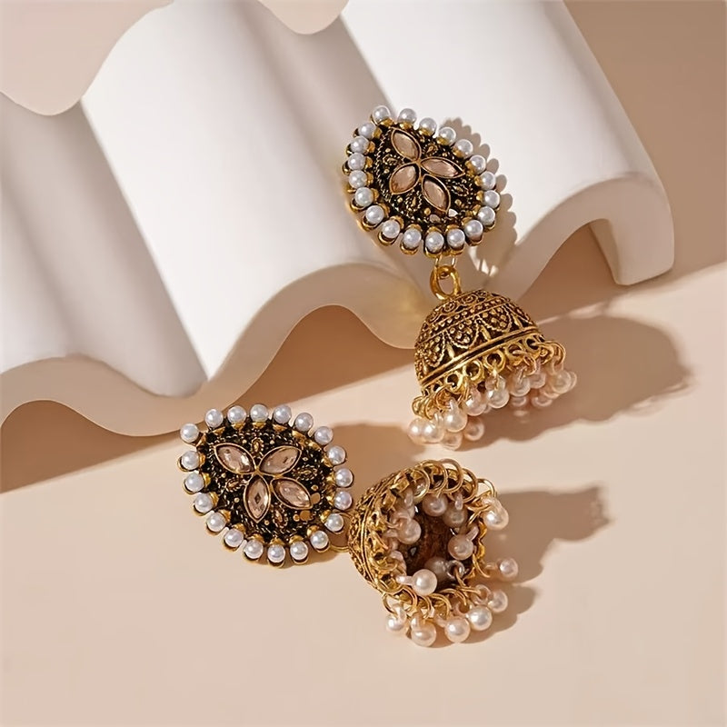 Bohemian Ethnic Golden-Tone Earrings with Imitation Pearl Accents & Synthetic Stones