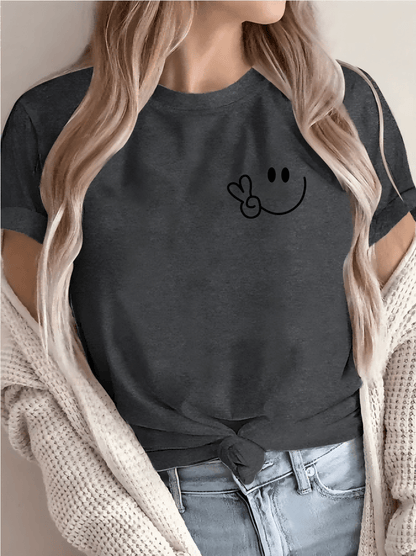 Women'S Casual Crew Neck T-Shirt with Smile Face Graphic, Short Sleeve, Regular Length, Letter Print Design, Soft Fabric, Perfect for Spring and Fall