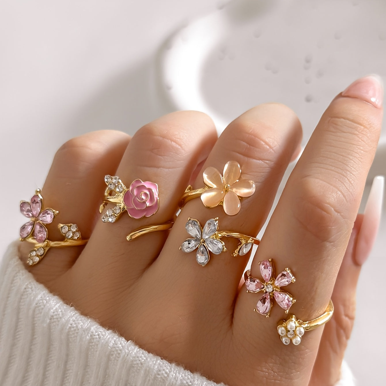 4pcs Set of Alloy Rhinestone Imitation Pearl Oil Painting Stacked Ring Set