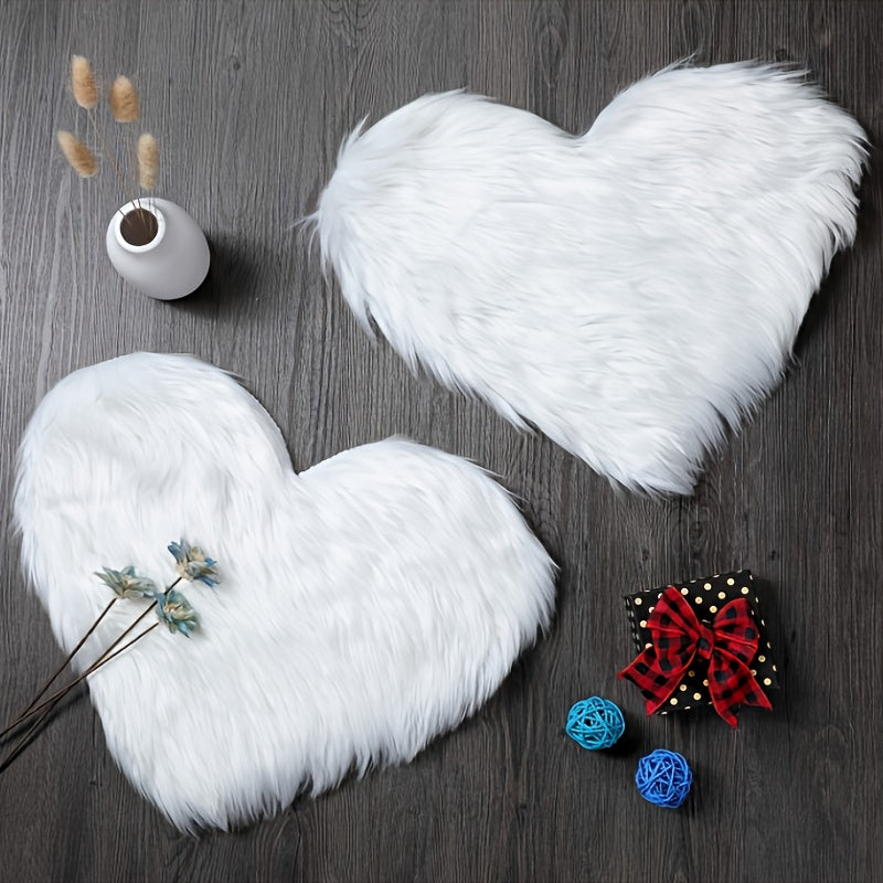 2pcs Black Plush Heart-Shaped Mat Ornaments - Soft Faux Artificial Wool, Machine Washable, Decorative Floor Mats for Bedroom, Living Room & Dressing Table, Perfect Christmas Gift with Elegant Floral Accents, Bedroom Decor | P