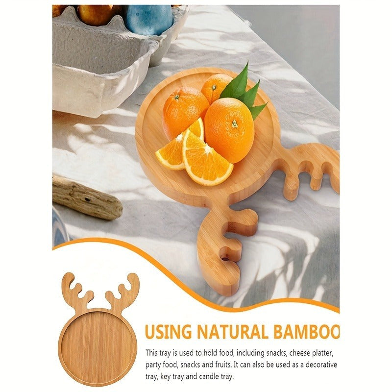 1pc Holiday Deer Bamboo Plate - Mini Sushi, Fruit & Dessert Serving Tray with Natural Wood Finish, Reusable Christmas Party Centerpiece & Snack Display, High-Quality Recycled Wood for Festive Table Decor, Holiday Table Decor