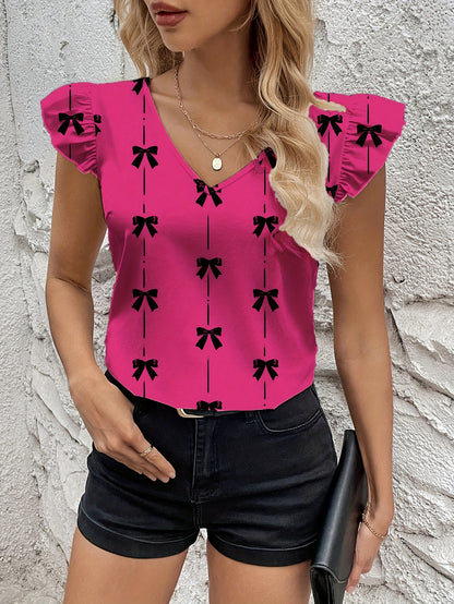Graceful Women's Bow Print Flutter Sleeve Blouse Short-Sleeve Top