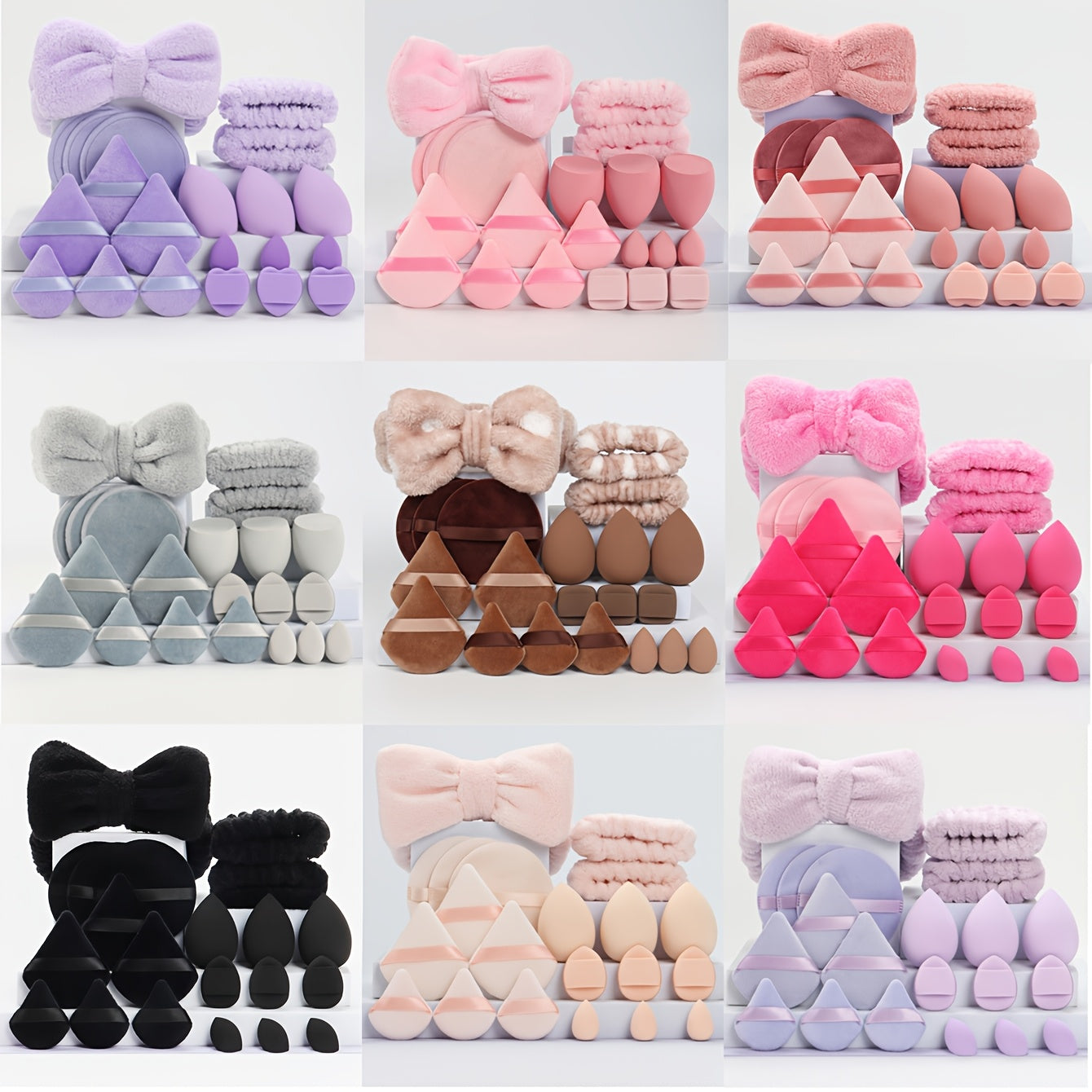 A Set of 21 Hair Accessories, Including 1 Butterfly Headband, 2 Wristbands, 6 Powder Puffs, 3 Makeup Sponges, 3 Finger Cushions, 3 Makeup Remover Pads, And 3 Mini Beauty Sponges.