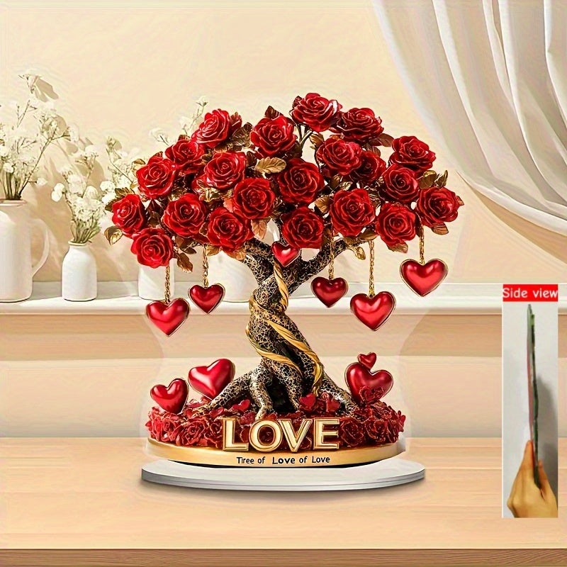 2D Flat, 1pc Bohemian Acrylic 2D Crystal Heart Rose Tree Decoration with Golden Base & Red Roses - "Tree of Love" English Inscription, No Batteries Needed, 2D Flat, Christmas Decor