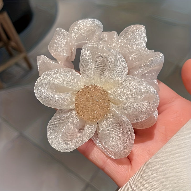 2pcs Elegant Rhinestone Sunflower Hair Scrunchies - Stretchy Mesh Ponytail Holders with Sparkling Crystals, White & Black Floral Design, Versatile Hair Accessories for Women, Perfect Gift for Holidays, Birthdays & Special Occ