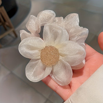 2pcs Elegant Rhinestone Sunflower Hair Scrunchies - Stretchy Mesh Ponytail Holders with Sparkling Crystals, White & Black Floral Design, Versatile Hair Accessories for Women, Perfect Gift for Holidays, Birthdays & Special Occ