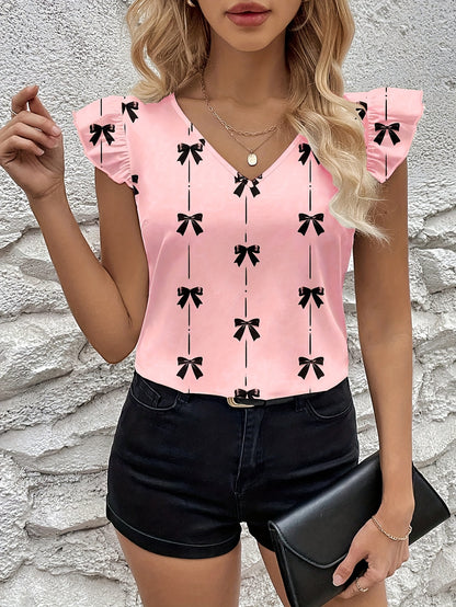 Graceful Women's Bow Print Flutter Sleeve Blouse Short-Sleeve Top